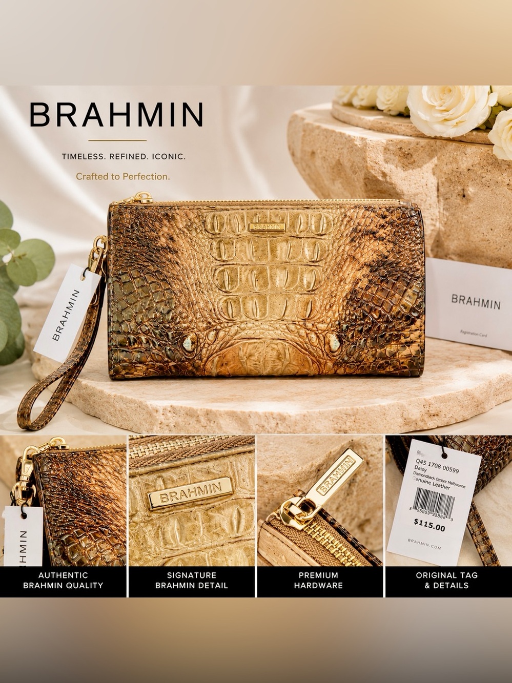 NWT! Brahmin Daisy Diamondback Ombre Melbourne Genuine Leather Wristlet